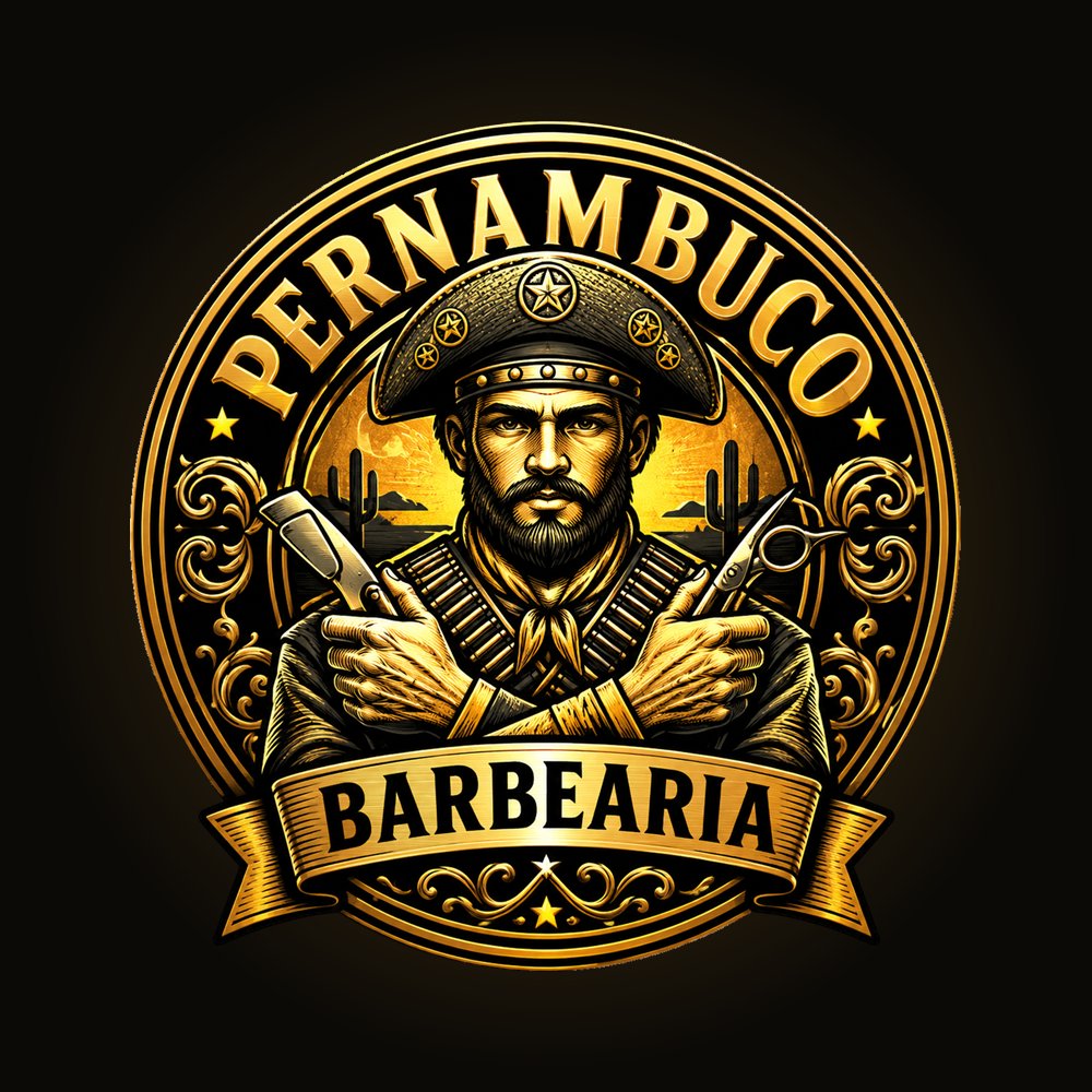 Brasão da Pernambuco Barbearia: barbeiro com chapéu de cangaceiro segurando navalha e tesoura